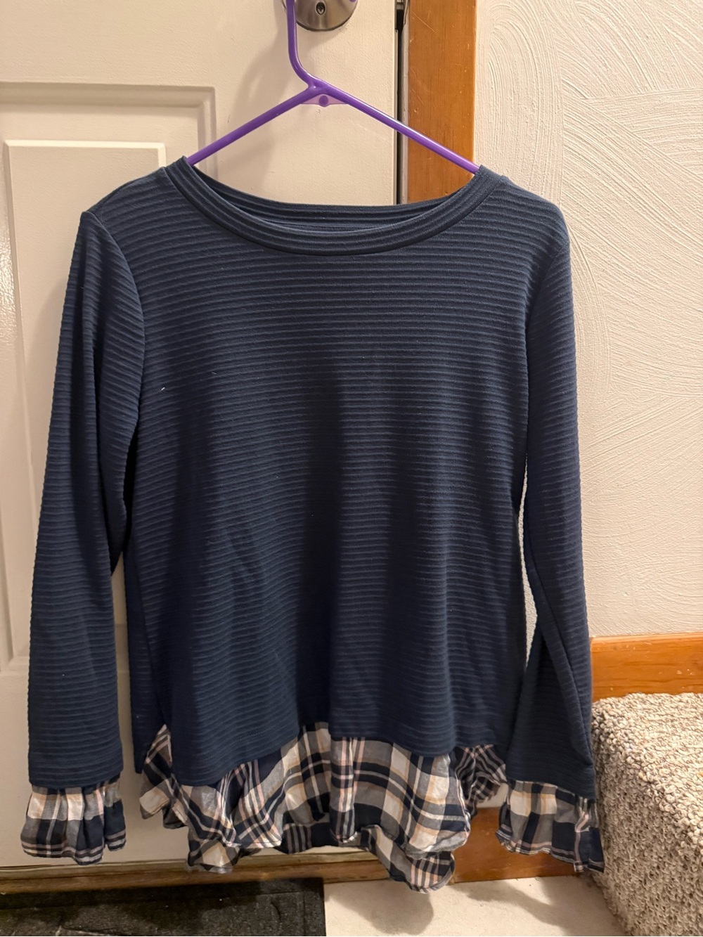 LOFT Navy Long-Sleeve Top with Plaid Ruffle Hem